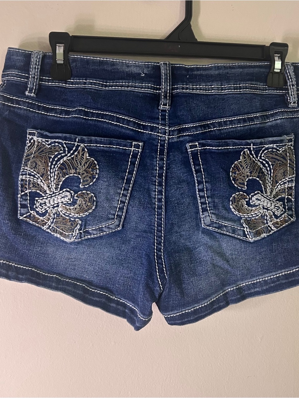 Embroidered Dark Wash Denim Shorts - Fleur Pocket Detail